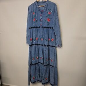 Vintage Denim Maxi Dress Embroidered Roses Boho Festival‎ Long Sleeve Womens